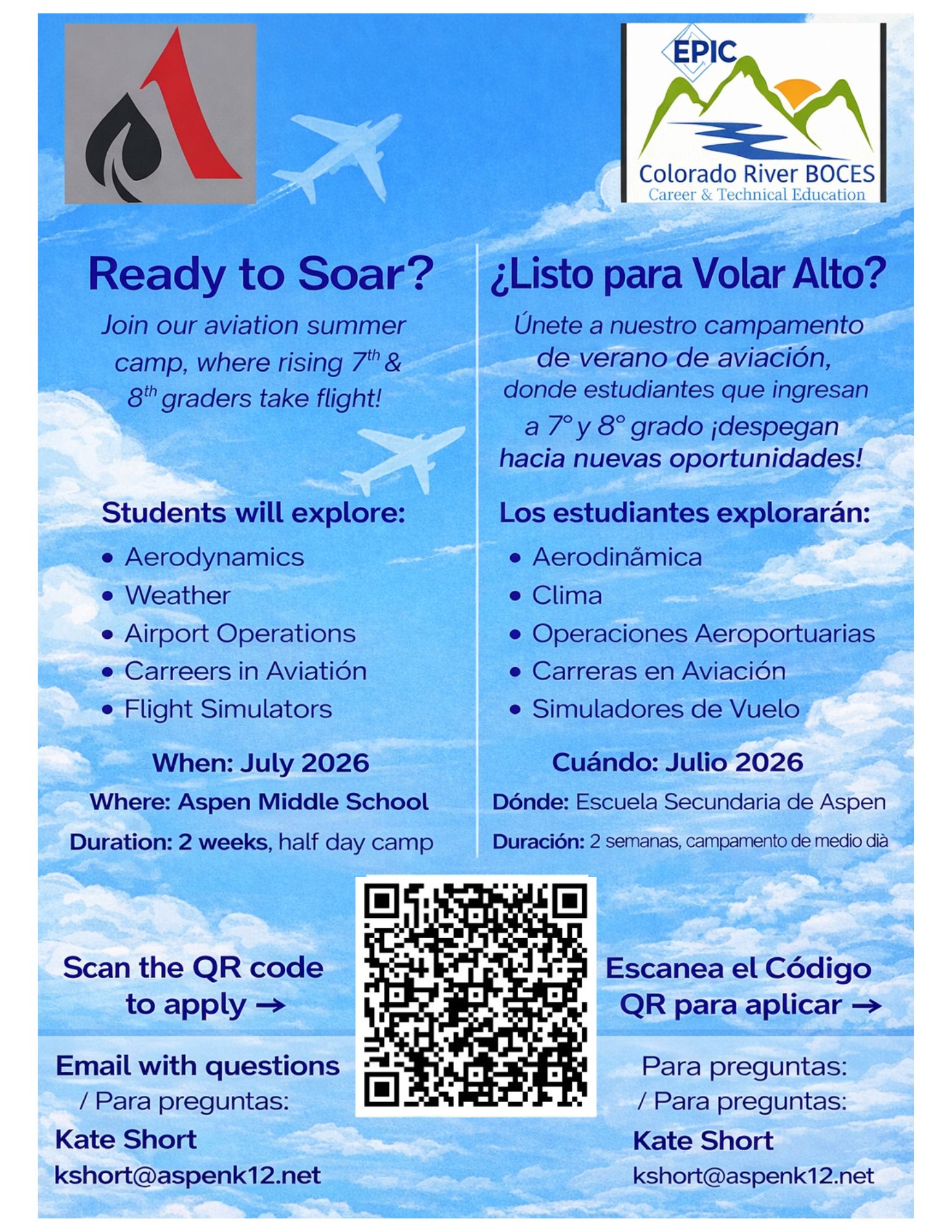Aspen School District’s Aviation Summer Camp is open to rising 7th & 8th graders! Students will explore flight, weather, airport operations, and more. 📍 Aspen Middle School 🗓️ June or July 2026 | 2-week, half-day 📧 kshort@aspenk12.net